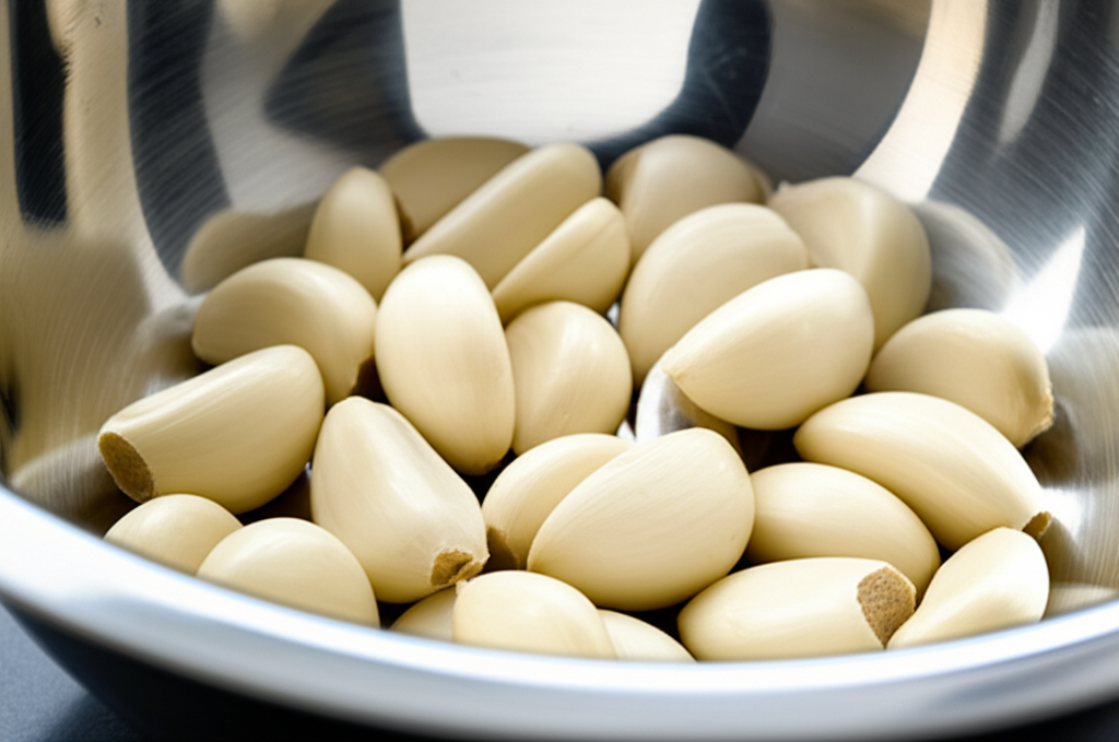 Fresh peeled garlic in stainless bowl, ready for commercial kitchens